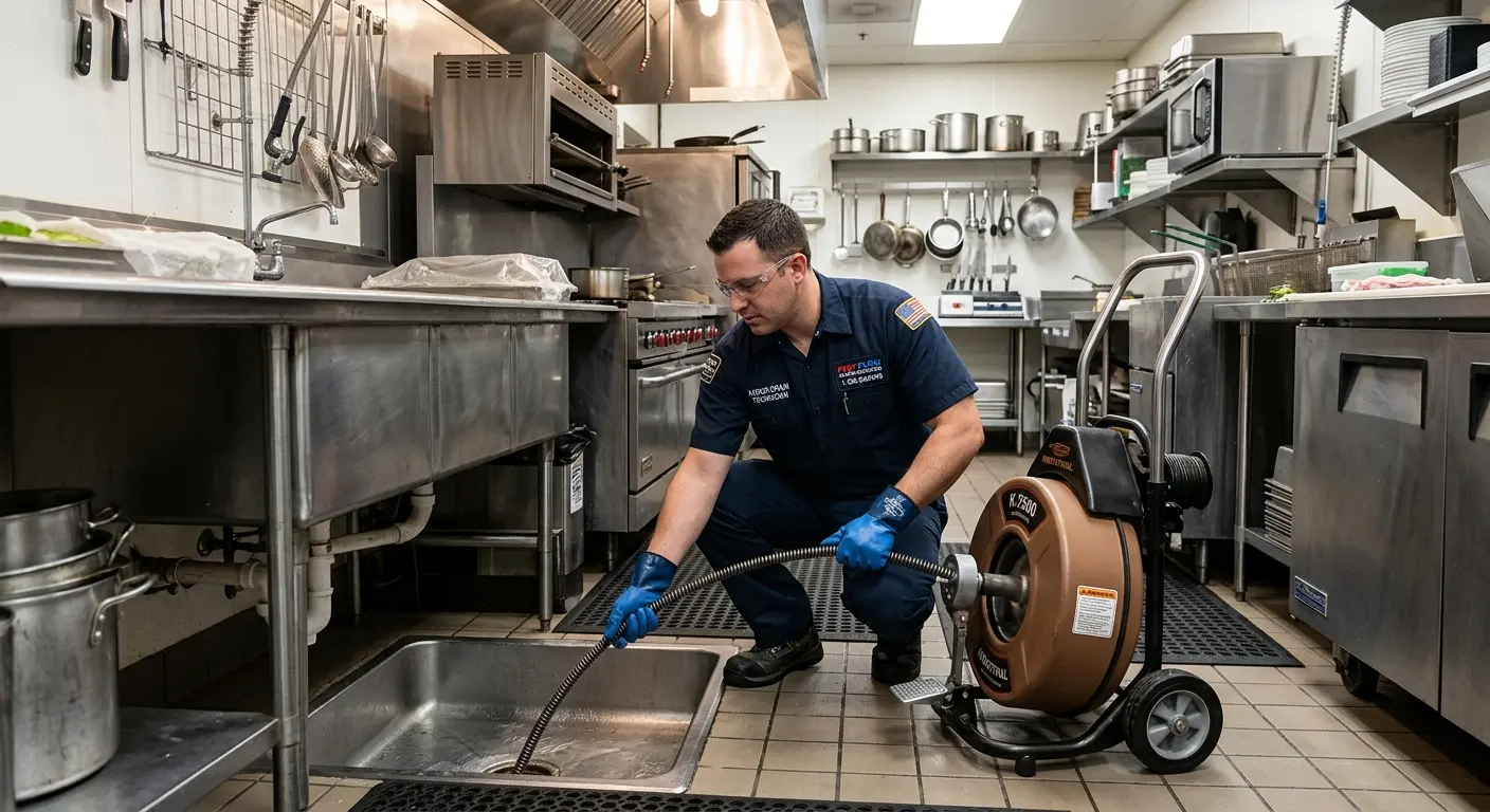 Commercial drain cleaning service in a restaurant kitchen in North Fair Oaks