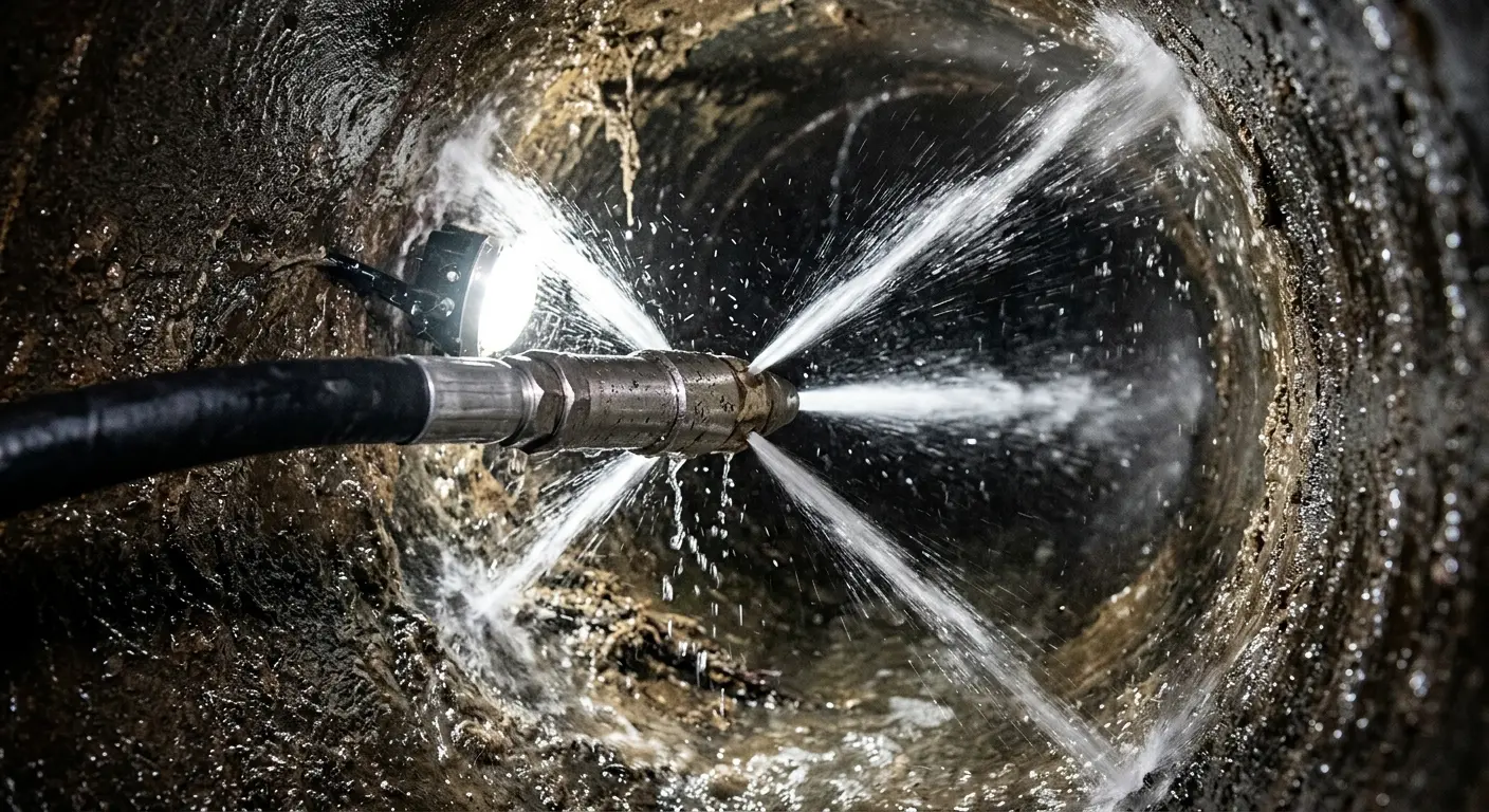 High-pressure hydro jetting nozzle cleaning sewer pipe for Emergency Drain Service in North Fair Oaks
