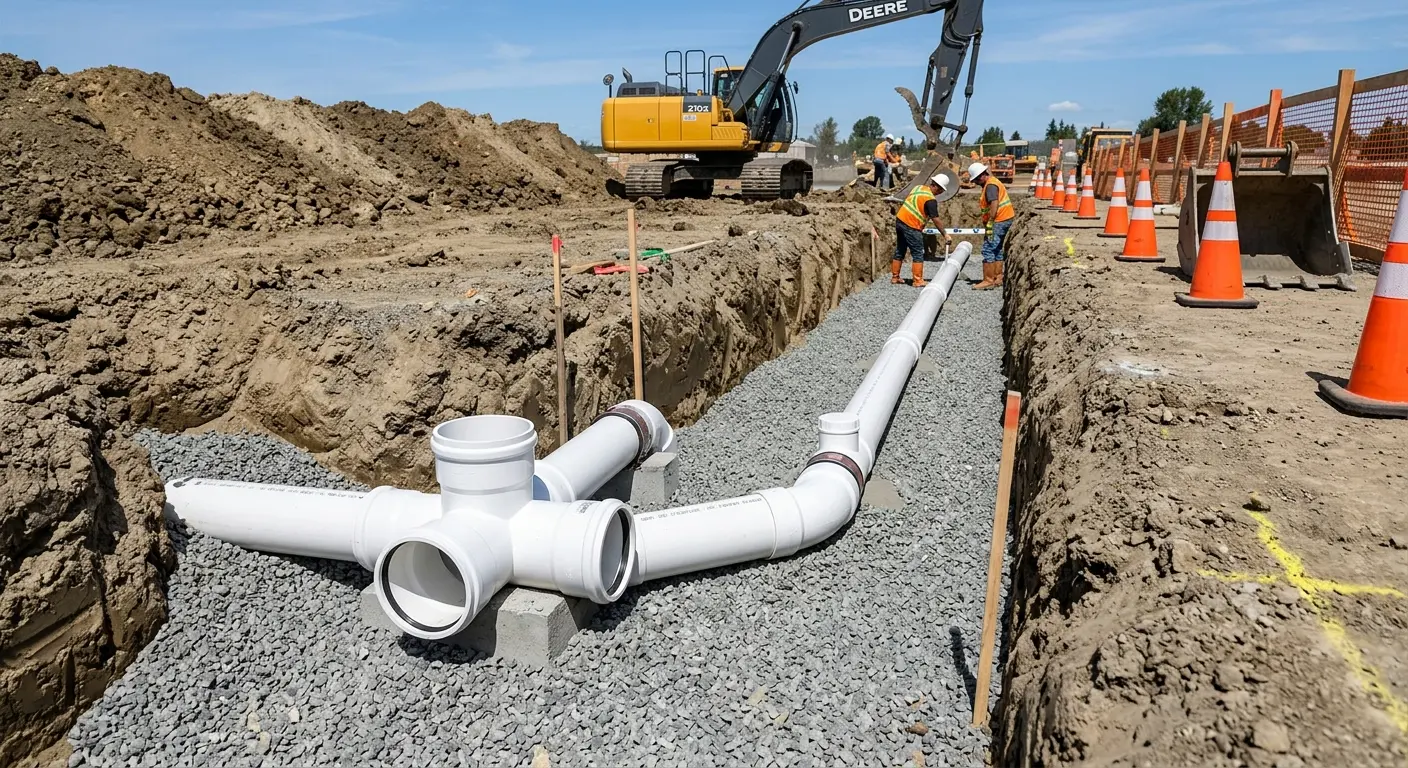 New PVC sewer pipe installation in open trench for Commercial Drain Cleaning in North Fair Oaks