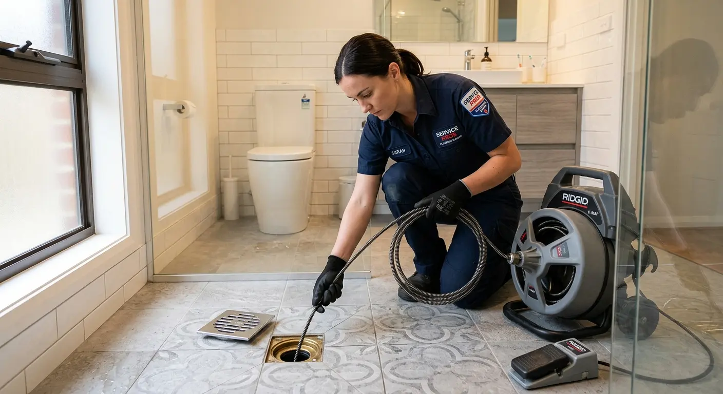 Technician clearing a bathroom floor drain for Clogged Drain Repair in North Fair Oaks